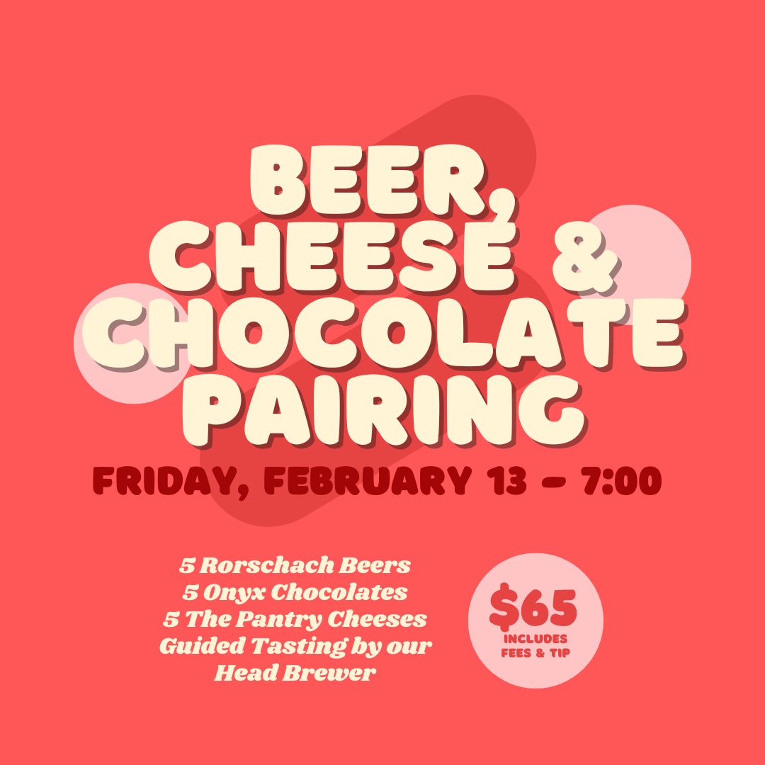 Promotional flyer for a beer, cheese, and chocolate pairing event on a red background.