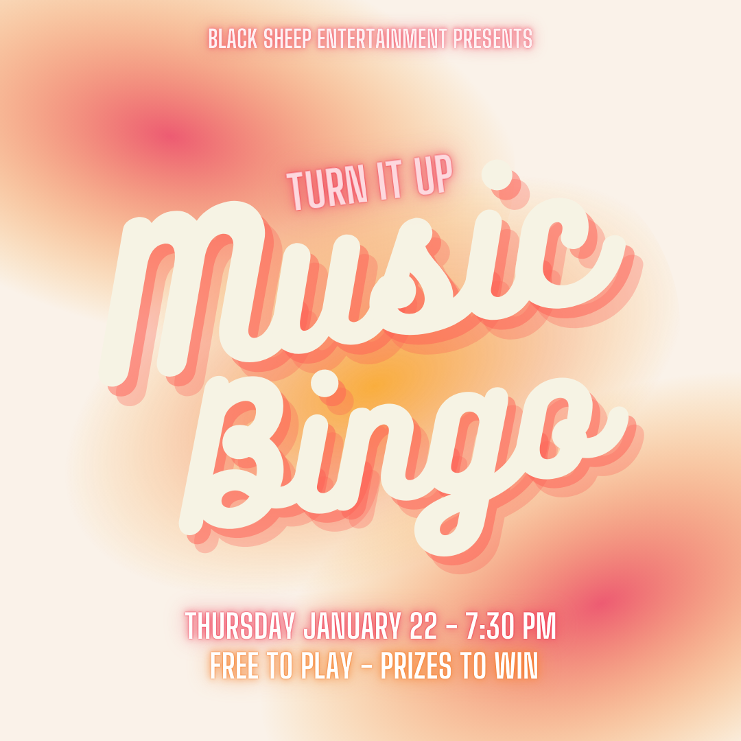 Promotional flyer for 'Music Bingo' event with a colorful gradient background.