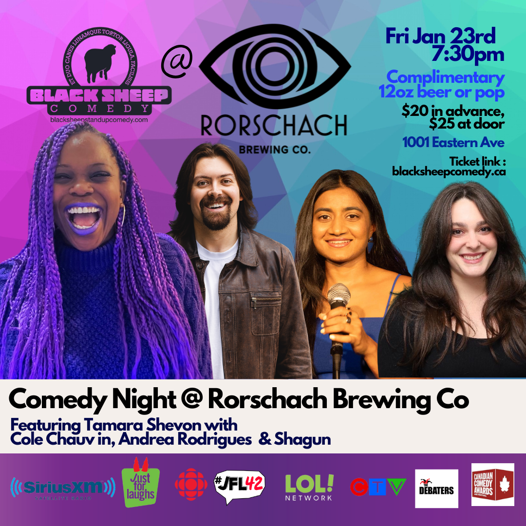 Promotional poster for a comedy night event at Rorschach Brewing Co featuring four comedians.